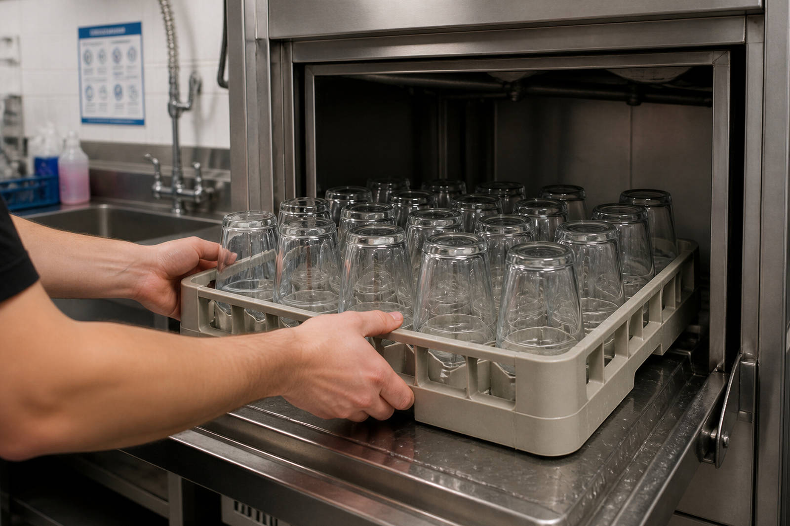 Staff member loading a full rack of clean drinking glasses into a commercial glasswasher machine.