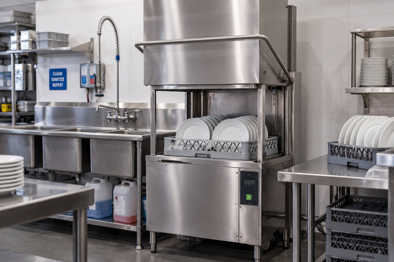 Door-type pass-through commercial dishwasher machine installed next to a stainless steel pre-rinse sink in a restaurant kitchen.