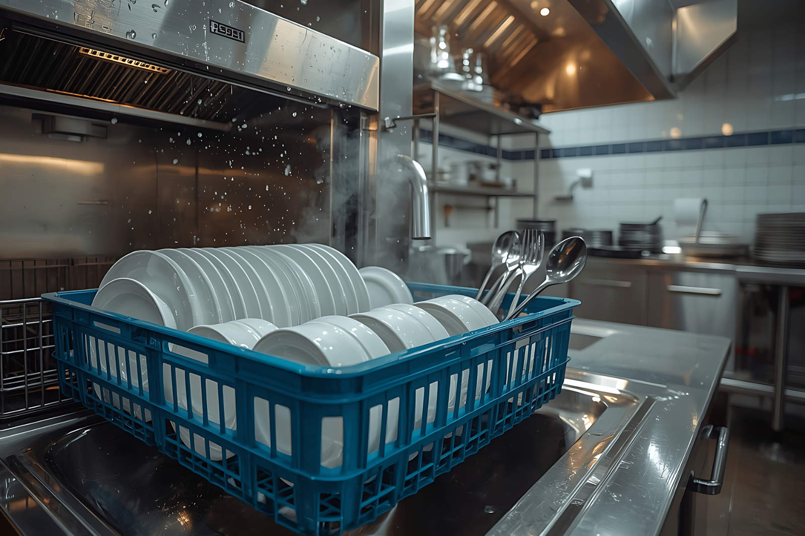 types-of-commercial-dishwashers-hero Steaming blue dish rack filled with clean plates and silverware inside a commercial kitchen dishwashing station.