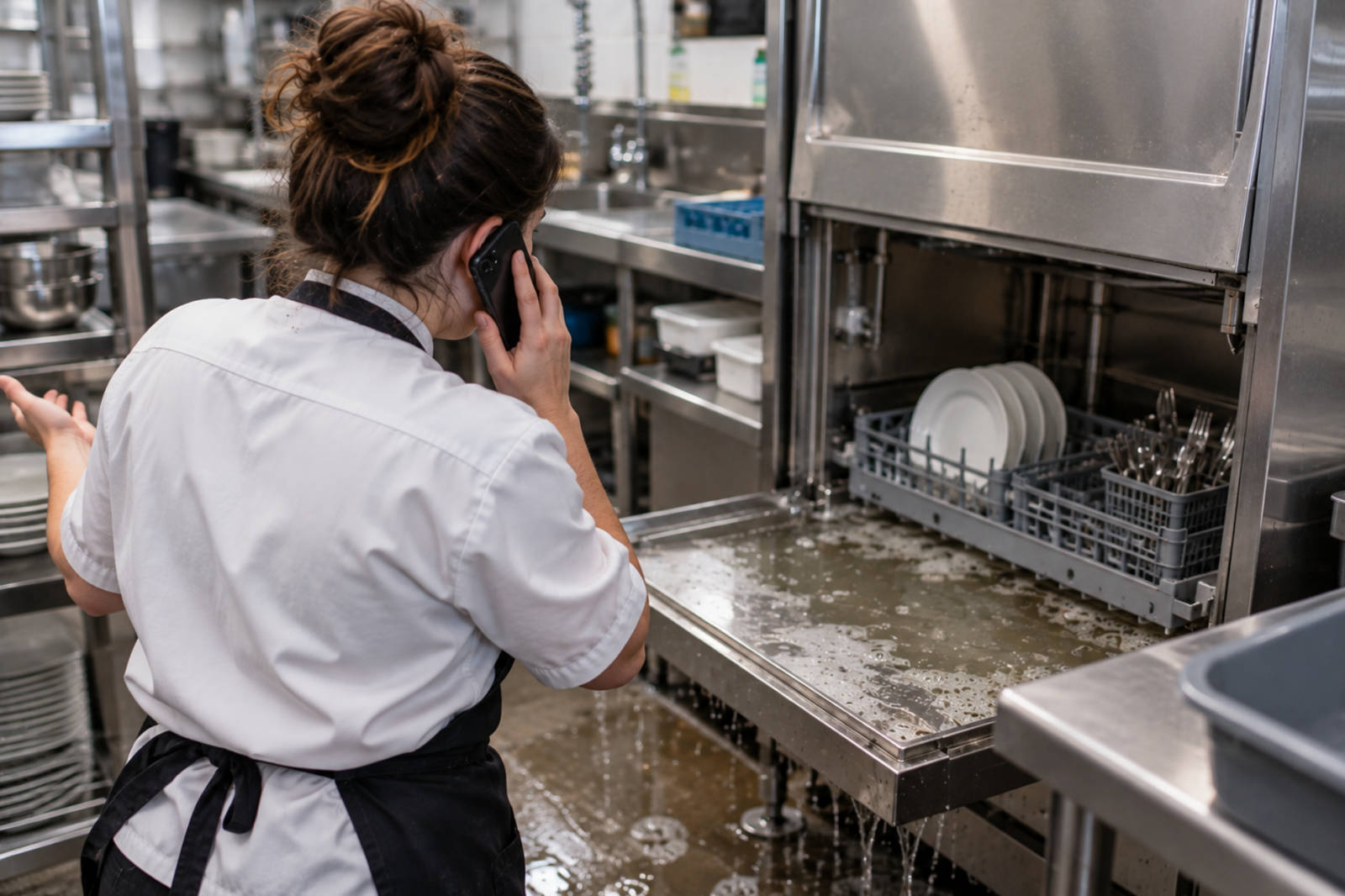 Kitchen staff member on the phone next to a leaking commercial dishwasher filled with standing water.