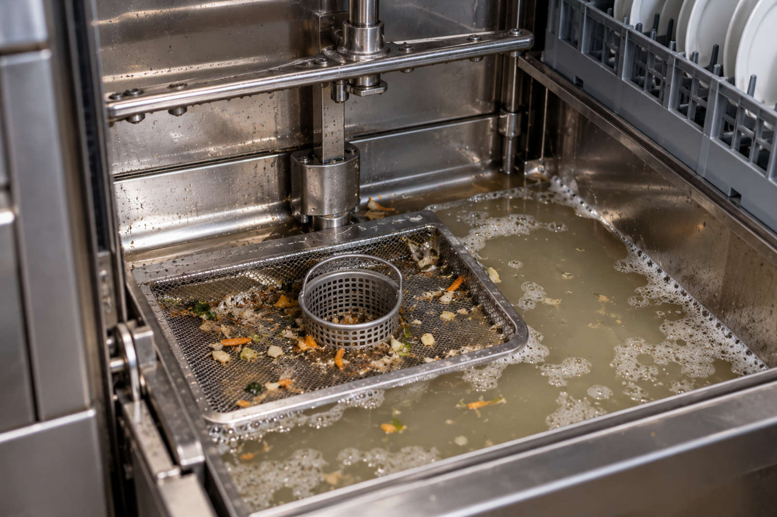Close-up of a dirty mesh filter basket submerged in standing water inside a commercial dishwasher.