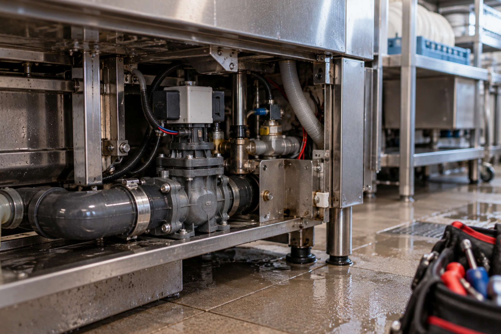 Internal mechanical view showing the drain valves, piping, and pump assembly beneath a commercial dishwasher.