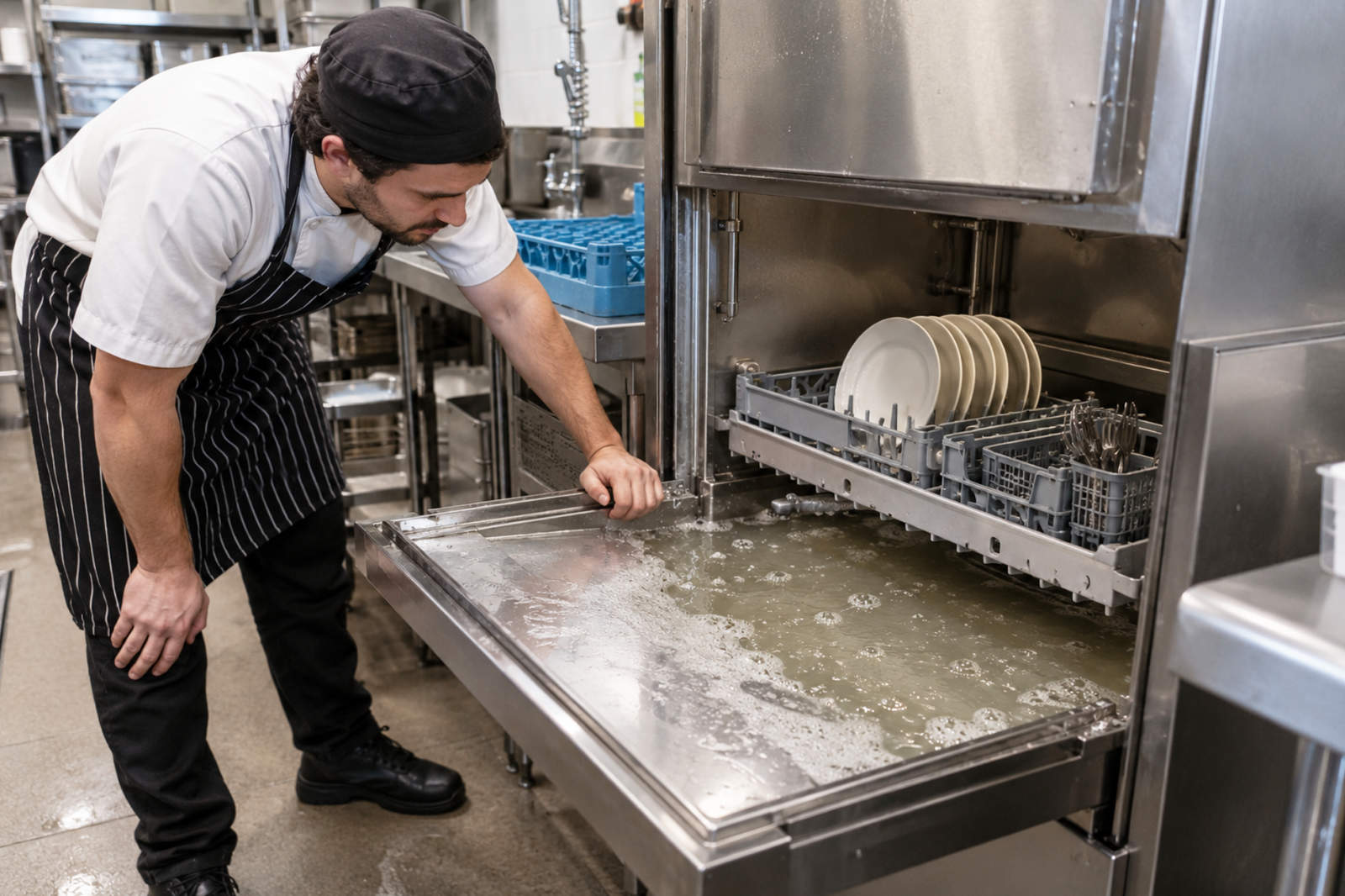 Kitchen worker looking into an open commercial dishwasher filled with standing dirty water.