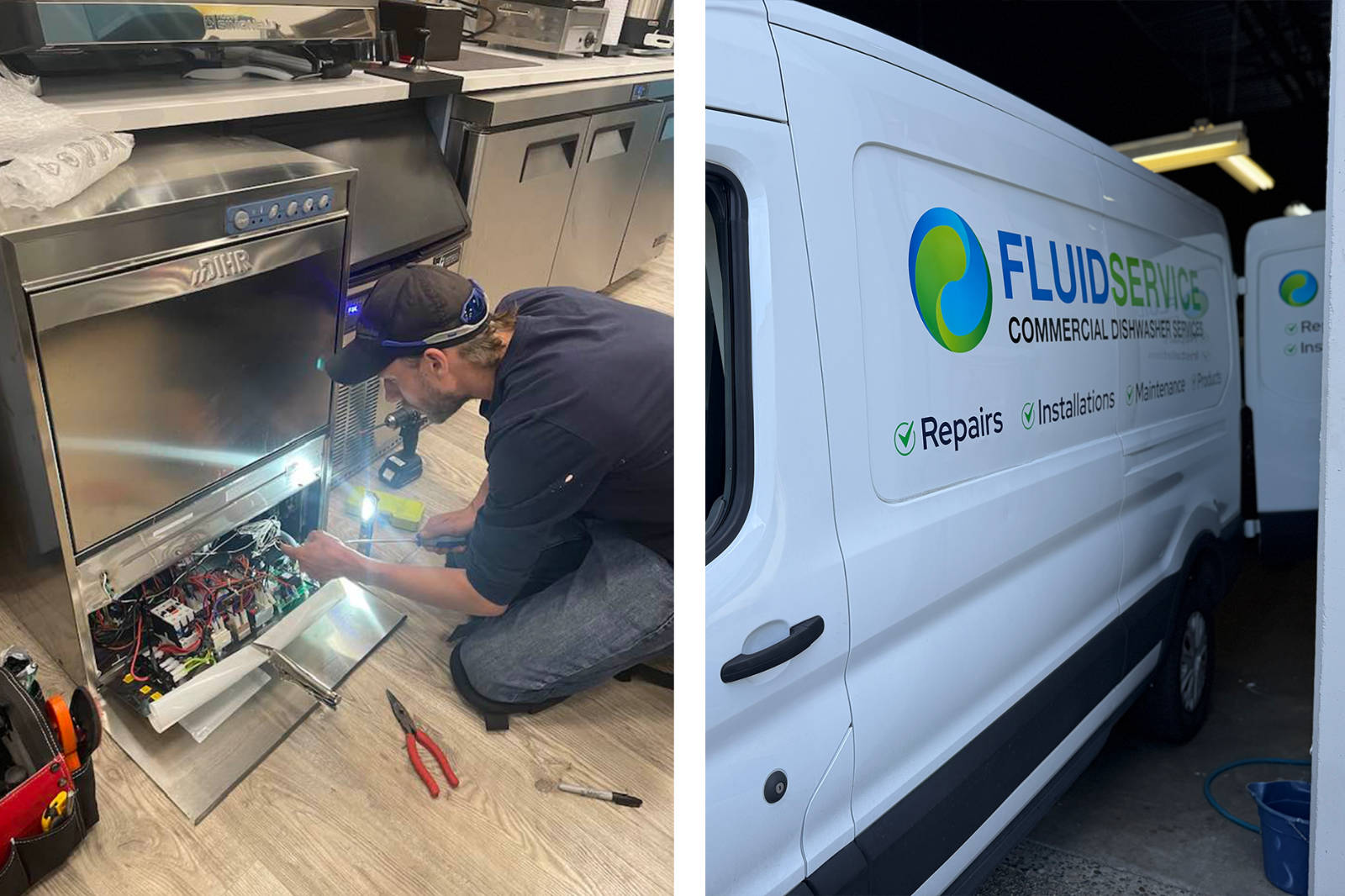 A Fluid Dishwasher Service technician repairing an undercounter unit next to a company service van.